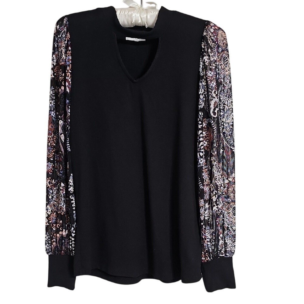 Floral Black Blouse Top Maurices Sheer Sleeve Long Sleeve Size‎ S EUC